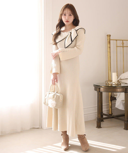 蝴蝶結針織長款連衣裙