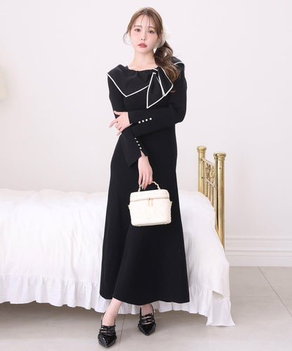 蝴蝶結針織長款連衣裙