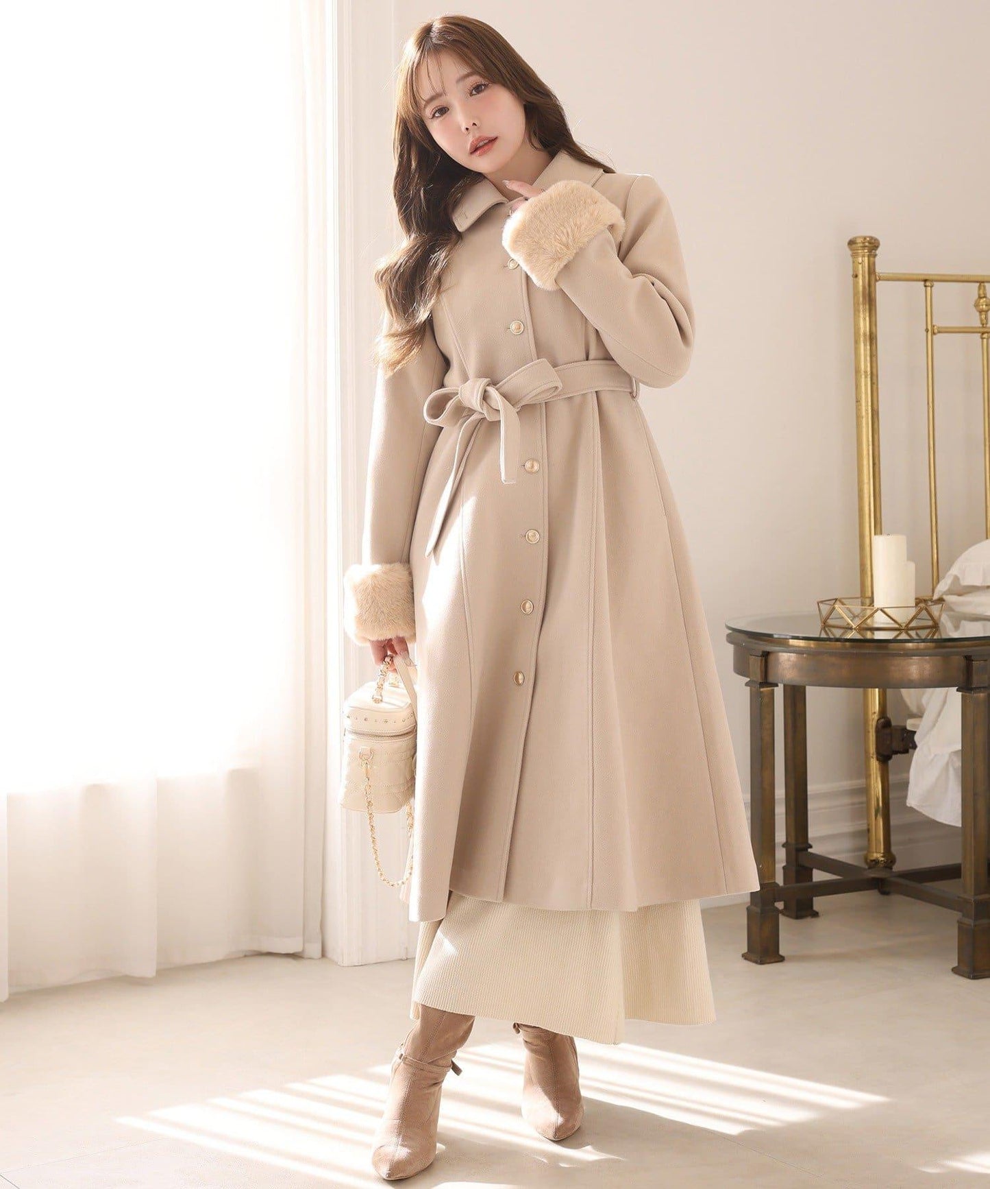 【有尺碼可選】毛領/毛袖多功能蝴蝶結長款大衣