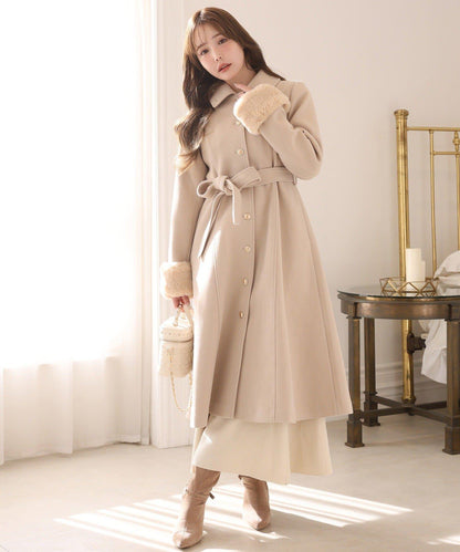 【有尺碼可選】毛領/毛袖多功能蝴蝶結長款大衣