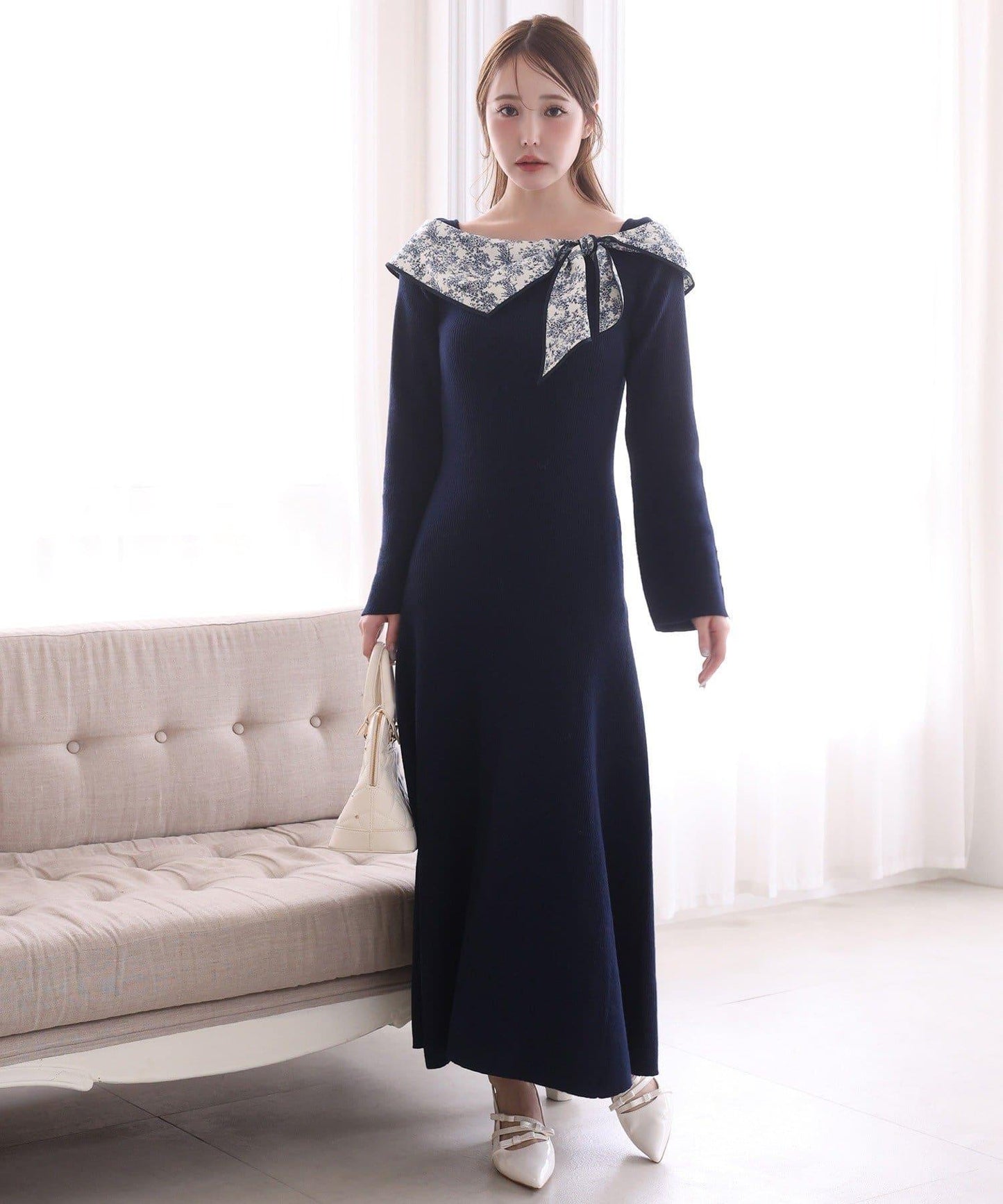 蝴蝶結針織長款連衣裙