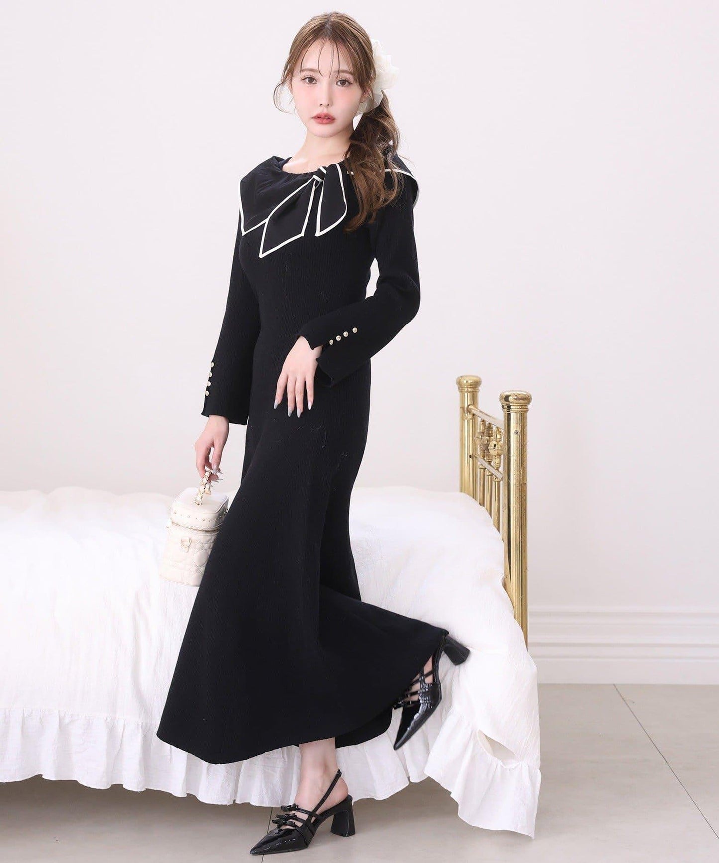 蝴蝶結針織長款連衣裙