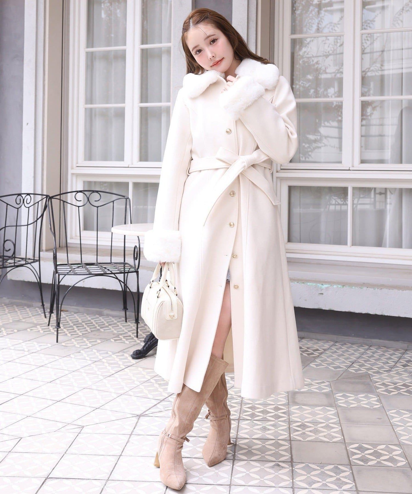 【有尺碼可選】毛領/毛袖多功能蝴蝶結長款大衣