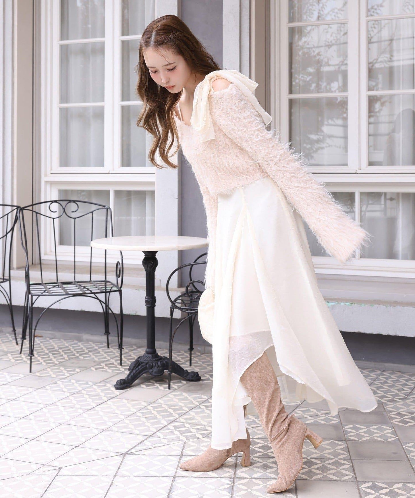 肩帶蝴蝶結針織套裝連衣裙