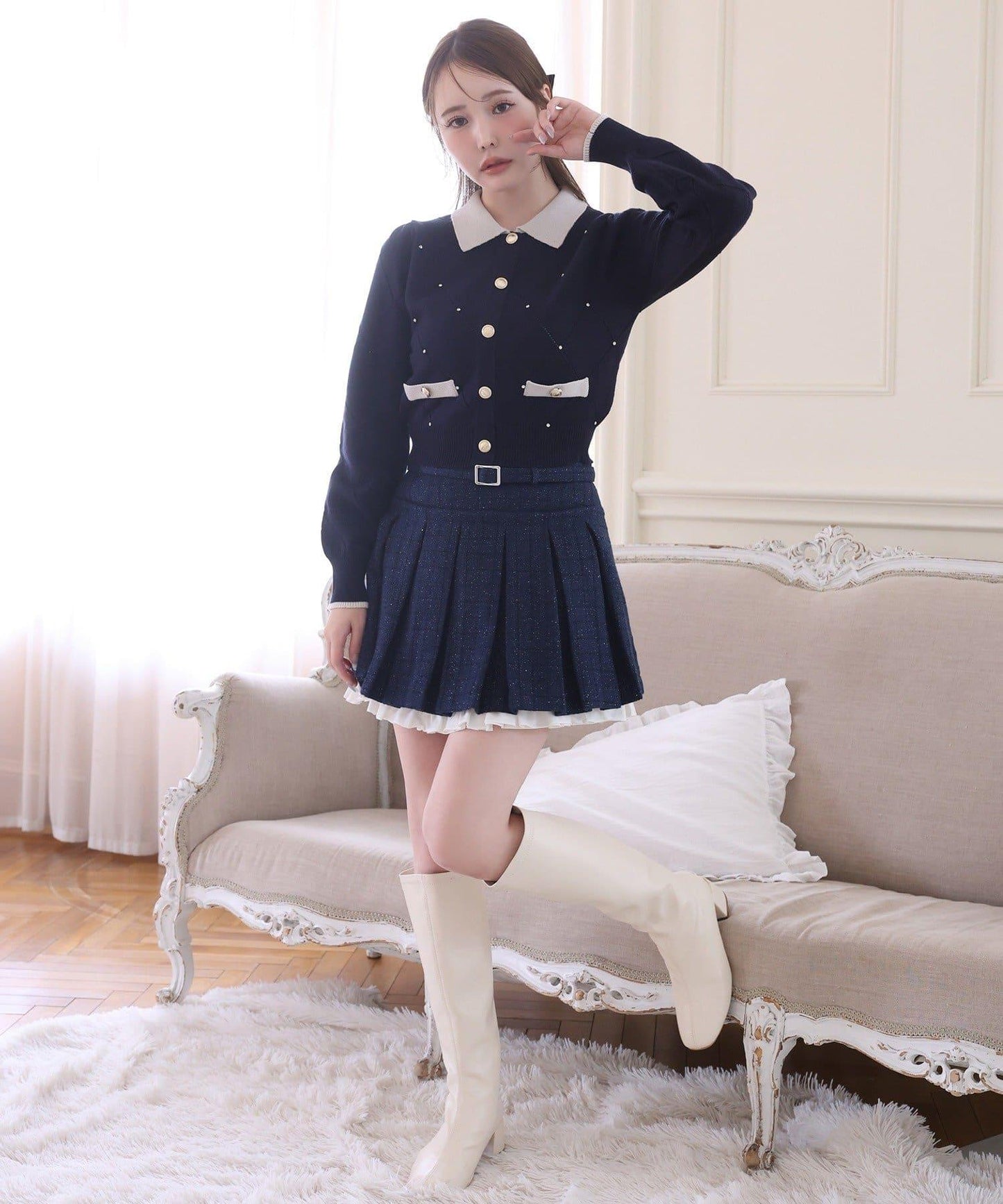 帶腰帶層疊百褶迷你裙