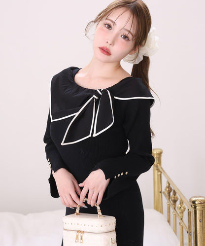 蝴蝶結針織長款連衣裙