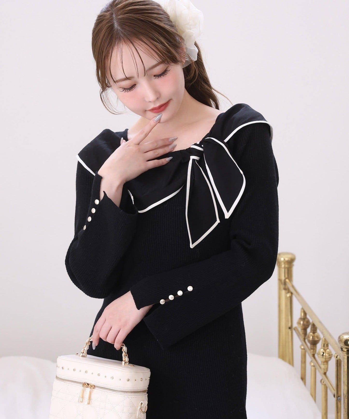 蝴蝶結針織長款連衣裙