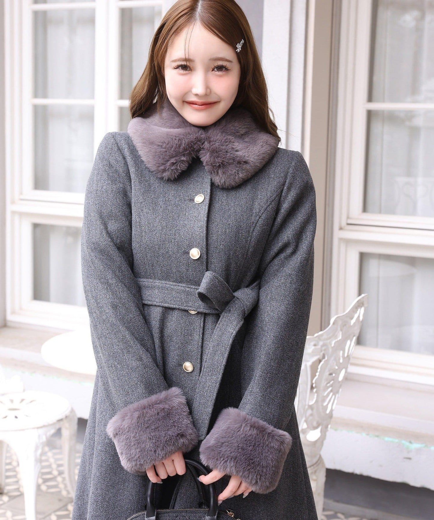 【有尺碼可選】毛領/毛袖多功能蝴蝶結長款大衣