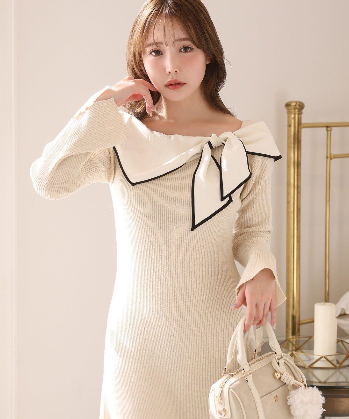 蝴蝶結針織長款連衣裙