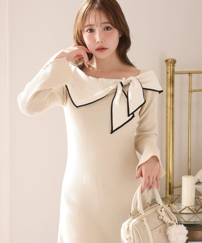 蝴蝶結針織長款連衣裙