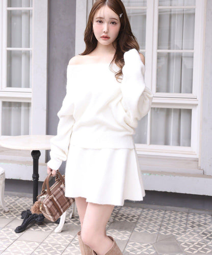 一字肩針織套裝