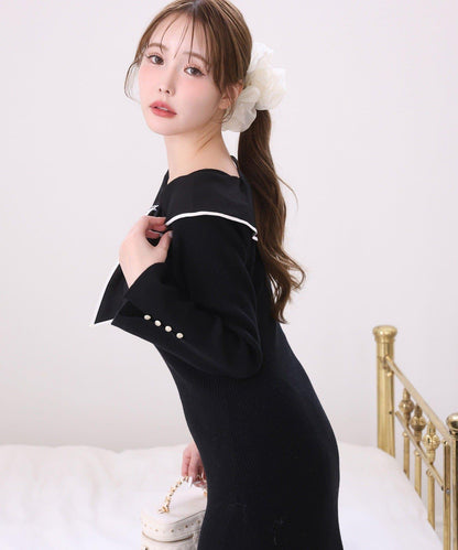 蝴蝶結針織長款連衣裙