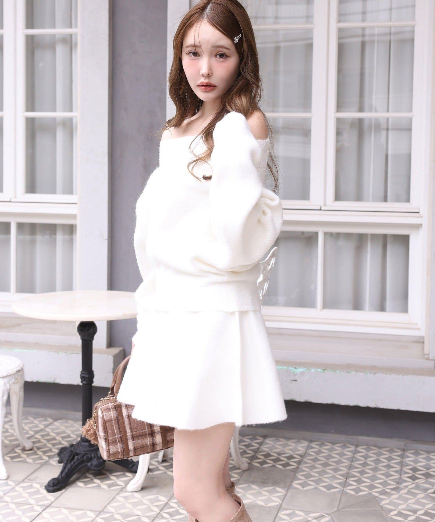 一字肩針織套裝