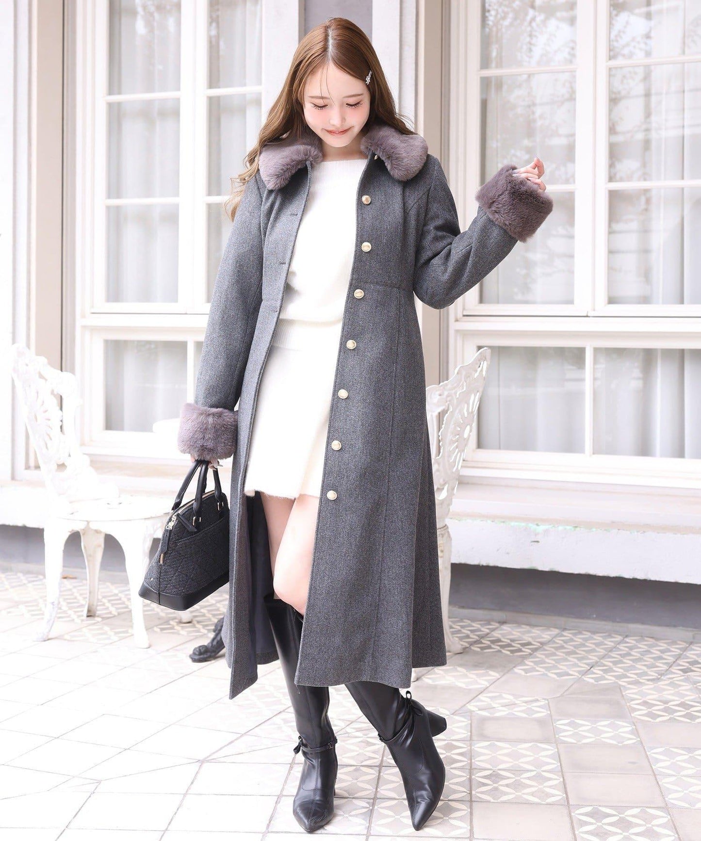 【有尺碼可選】毛領/毛袖多功能蝴蝶結長款大衣