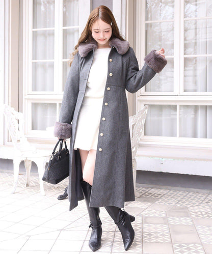 【有尺碼可選】毛領/毛袖多功能蝴蝶結長款大衣