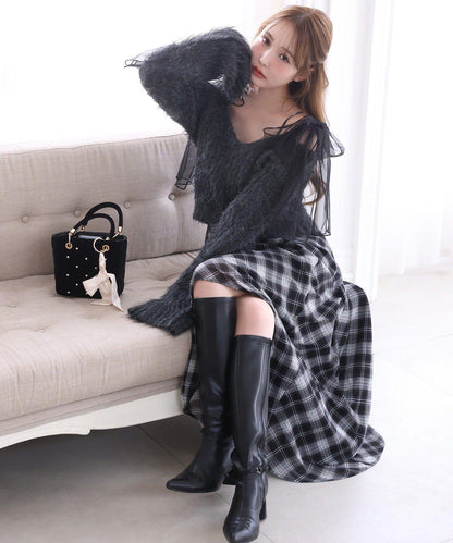 肩帶蝴蝶結針織套裝連衣裙