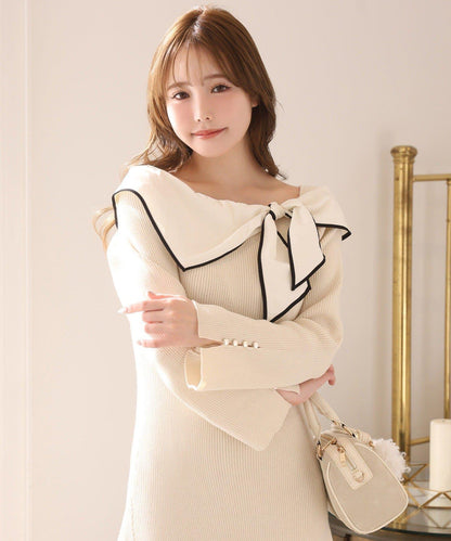 蝴蝶結針織長款連衣裙