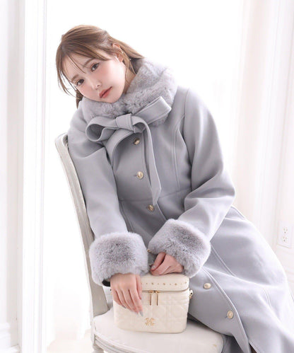 【有尺碼可選】毛領/毛袖多功能蝴蝶結長款大衣