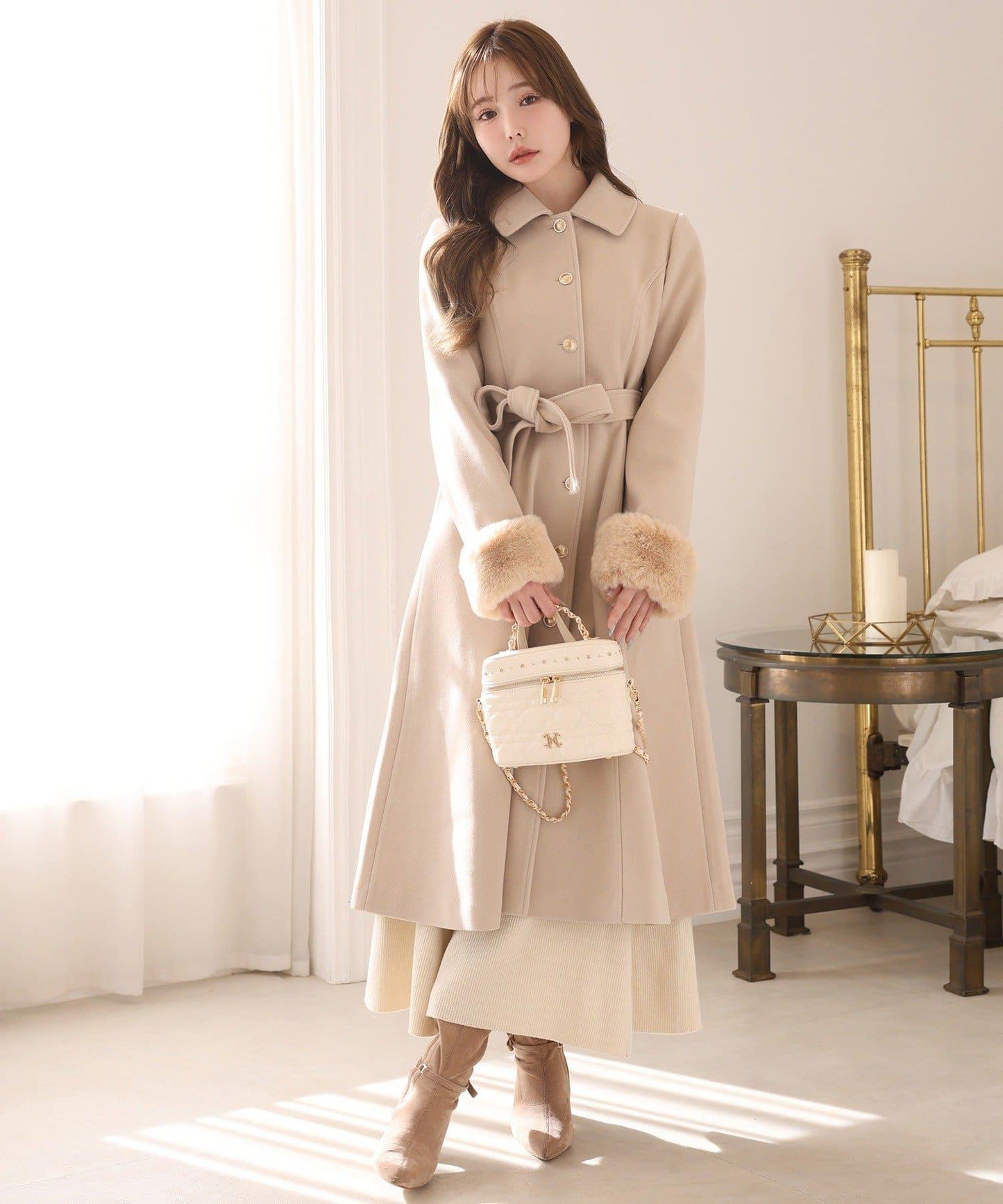 【有尺碼可選】毛領/毛袖多功能蝴蝶結長款大衣