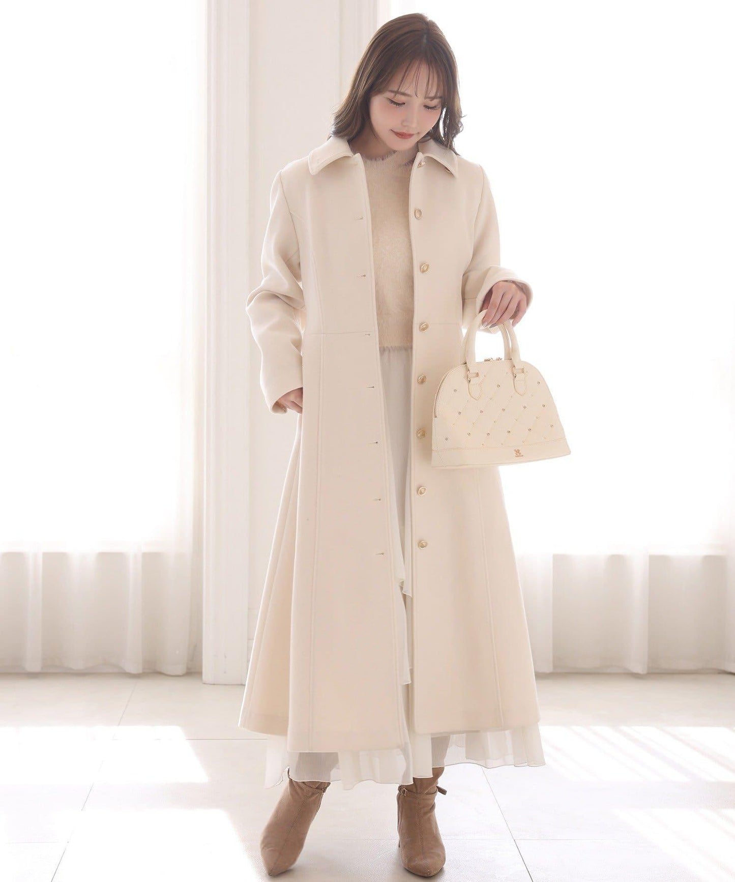 【有尺碼可選】毛領/毛袖多功能蝴蝶結長款大衣