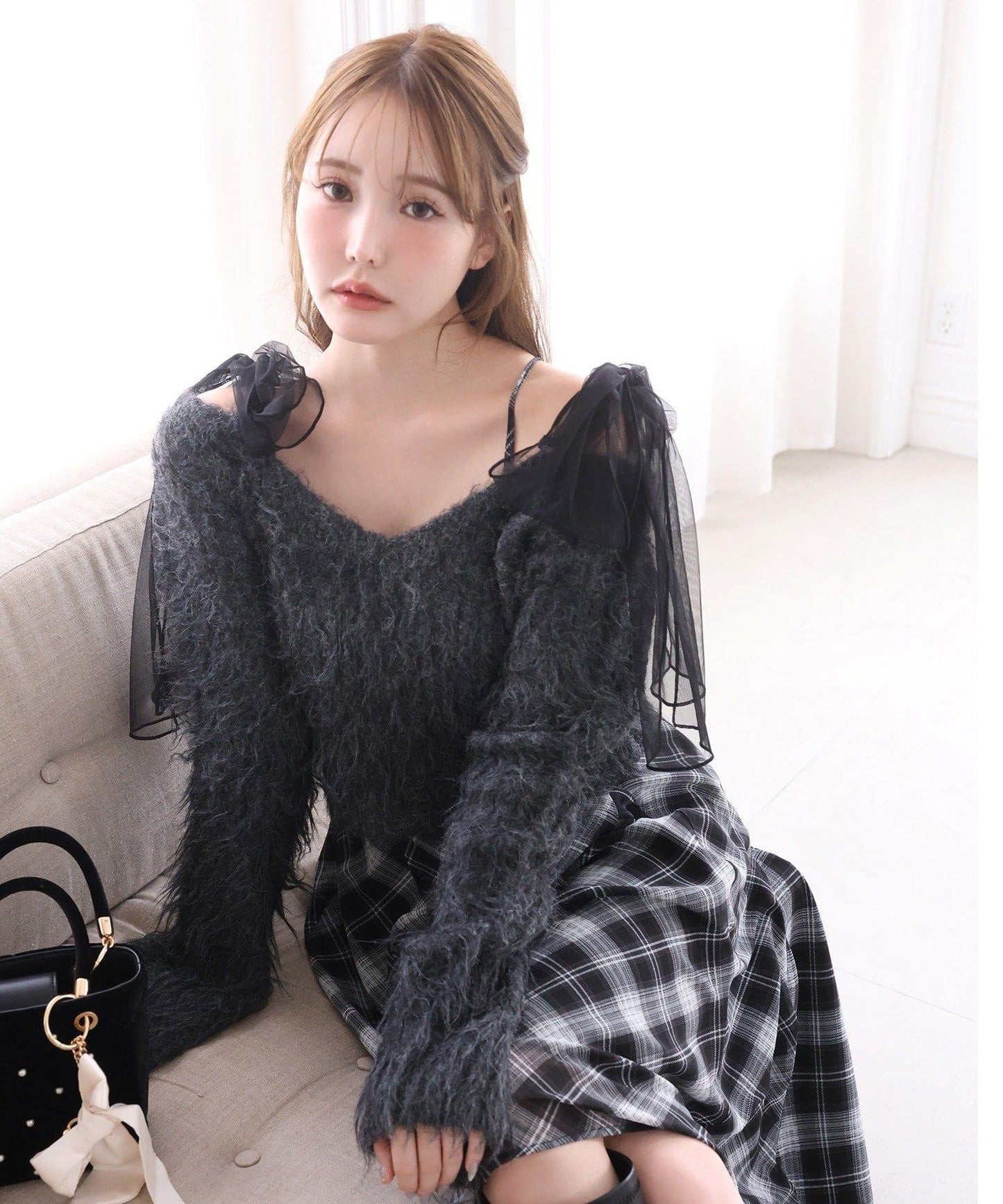 肩帶蝴蝶結針織套裝連衣裙