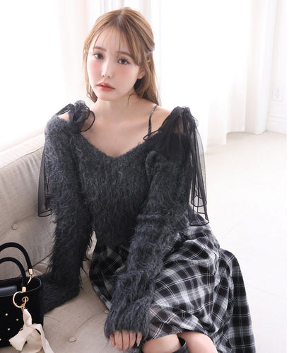 肩帶蝴蝶結針織套裝連衣裙