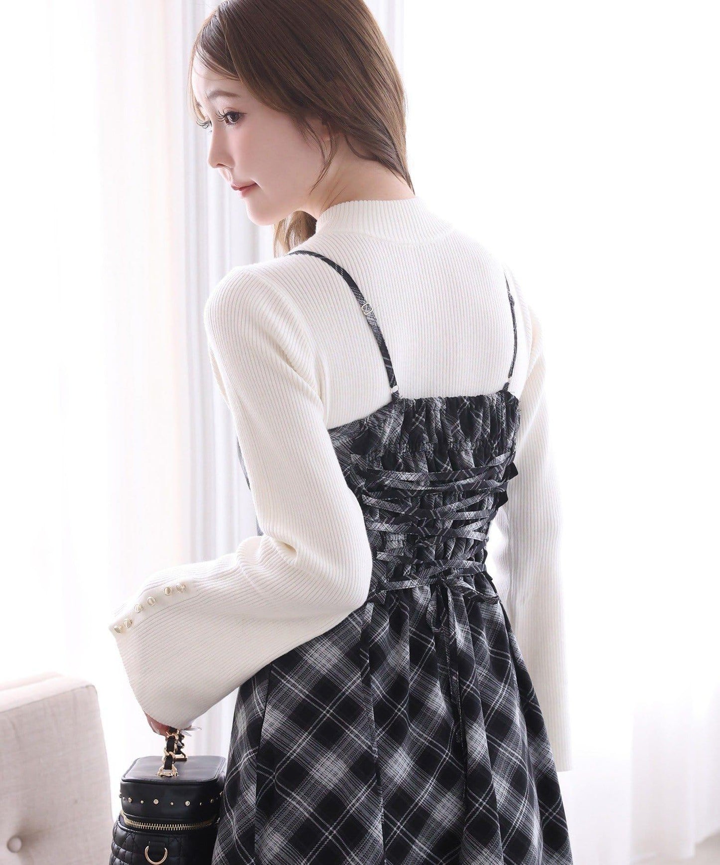 肩帶蝴蝶結針織套裝連衣裙