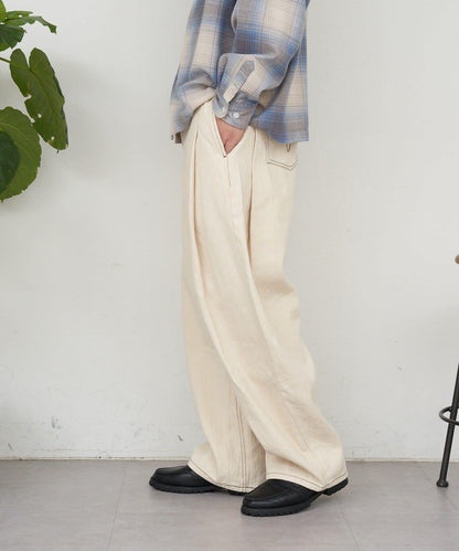 側褶棉質花呢長褲
