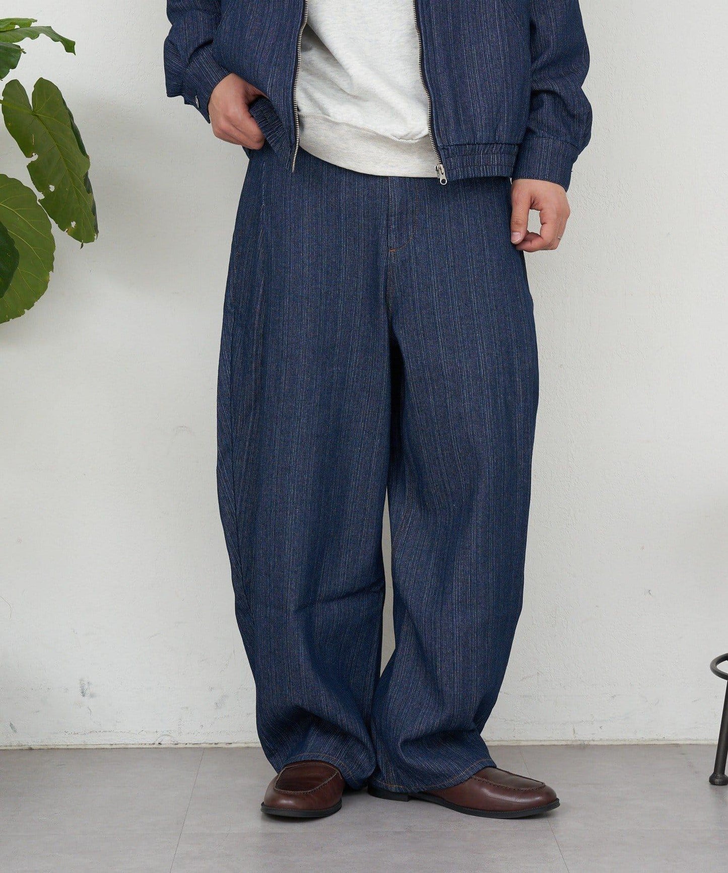 側褶棉質花呢長褲