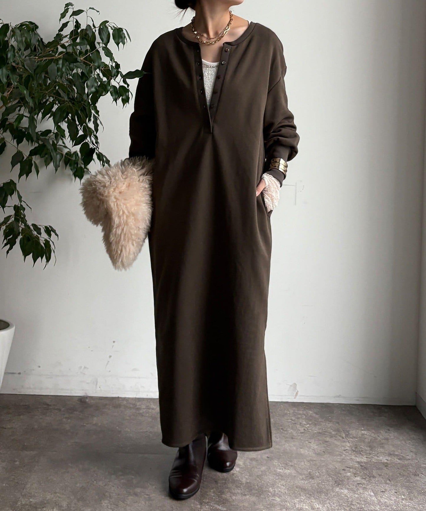 加絨加厚亨利領連衣裙