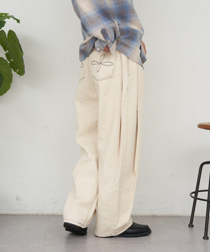 側褶棉質花呢長褲