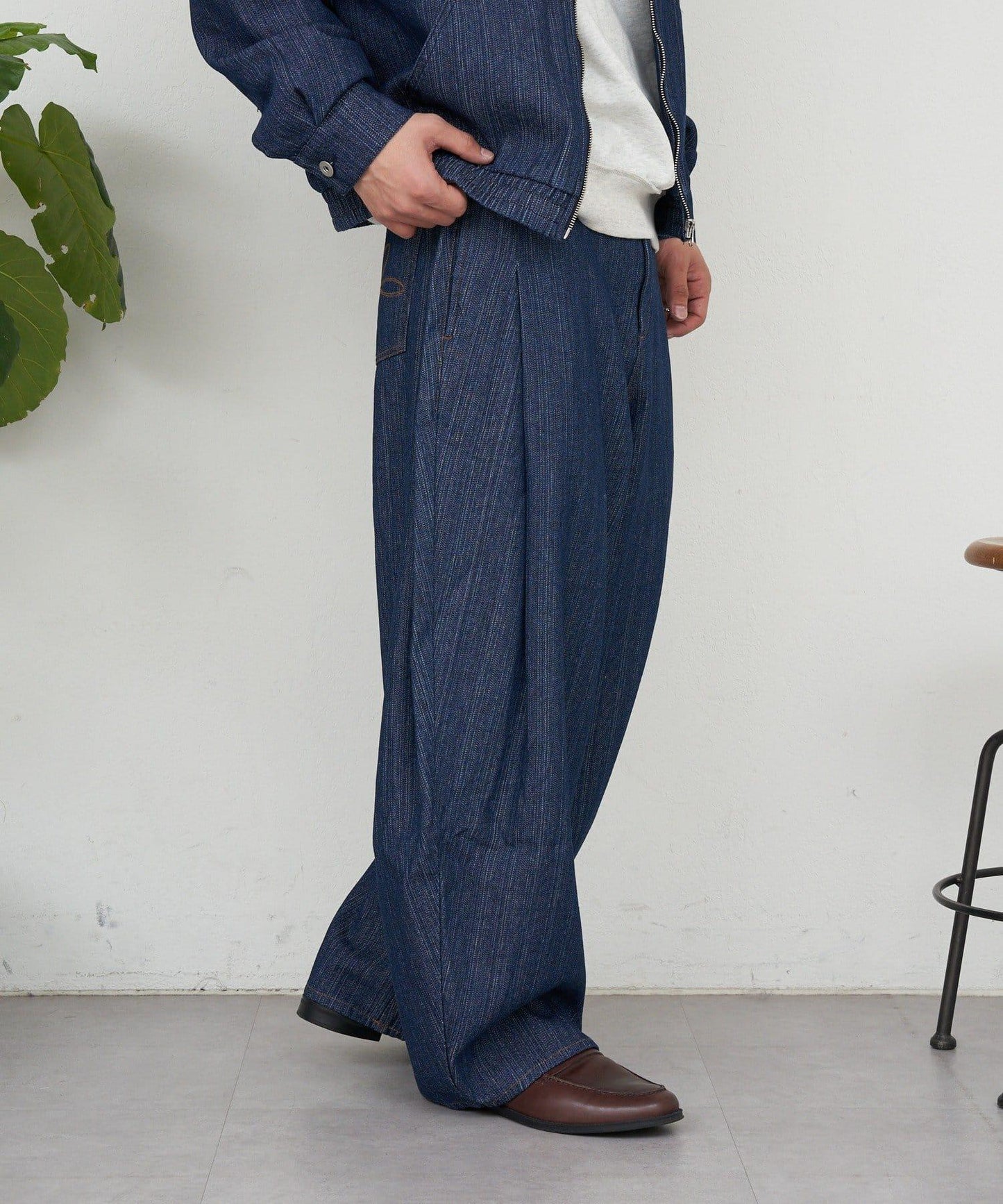 側褶棉質花呢長褲