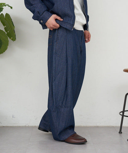 側褶棉質花呢長褲