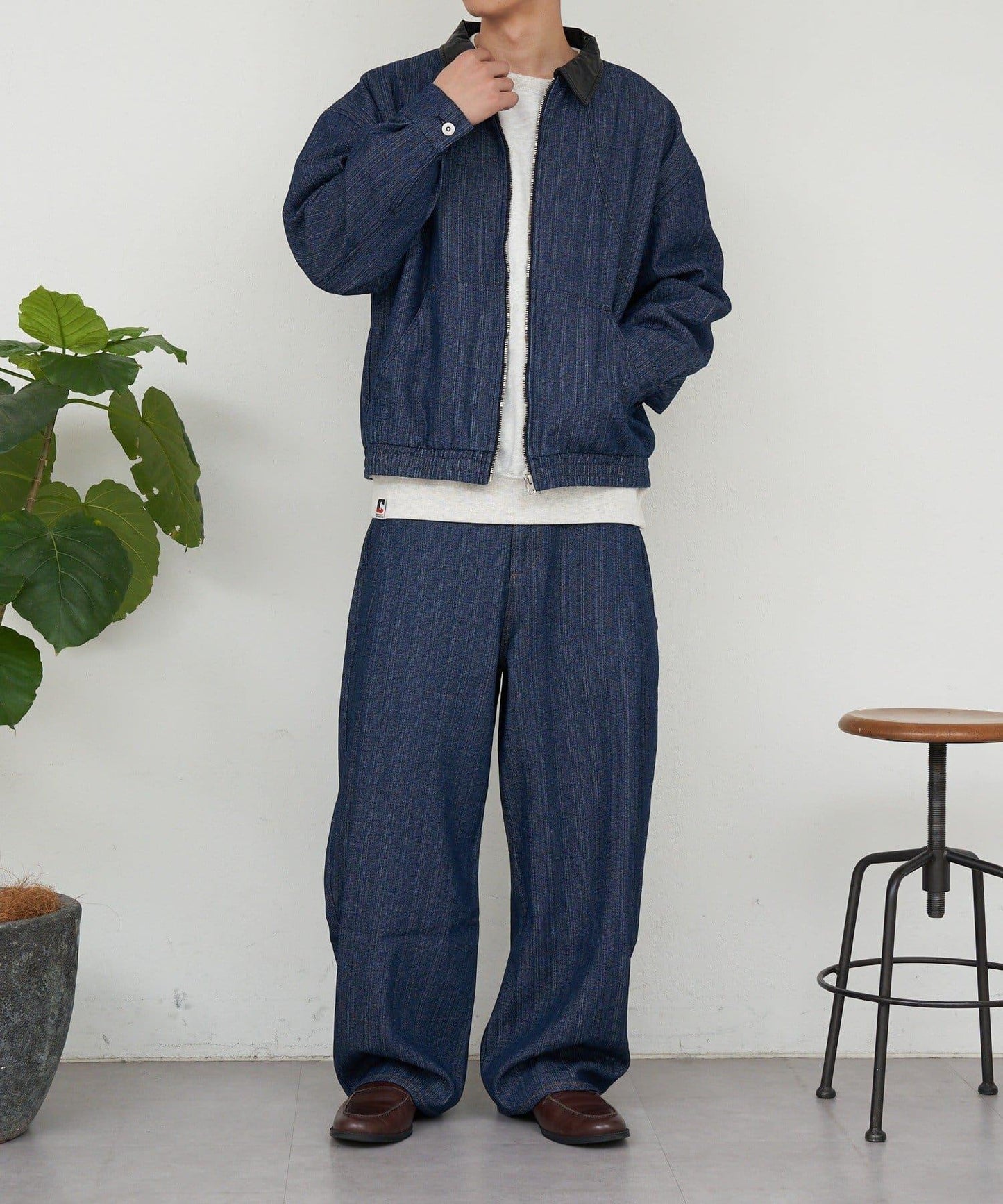 側褶棉質花呢長褲