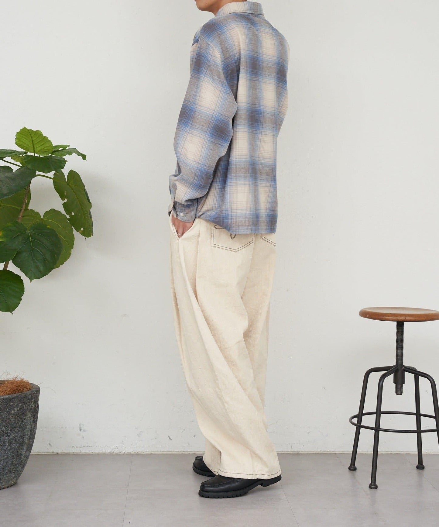 側褶棉質花呢長褲