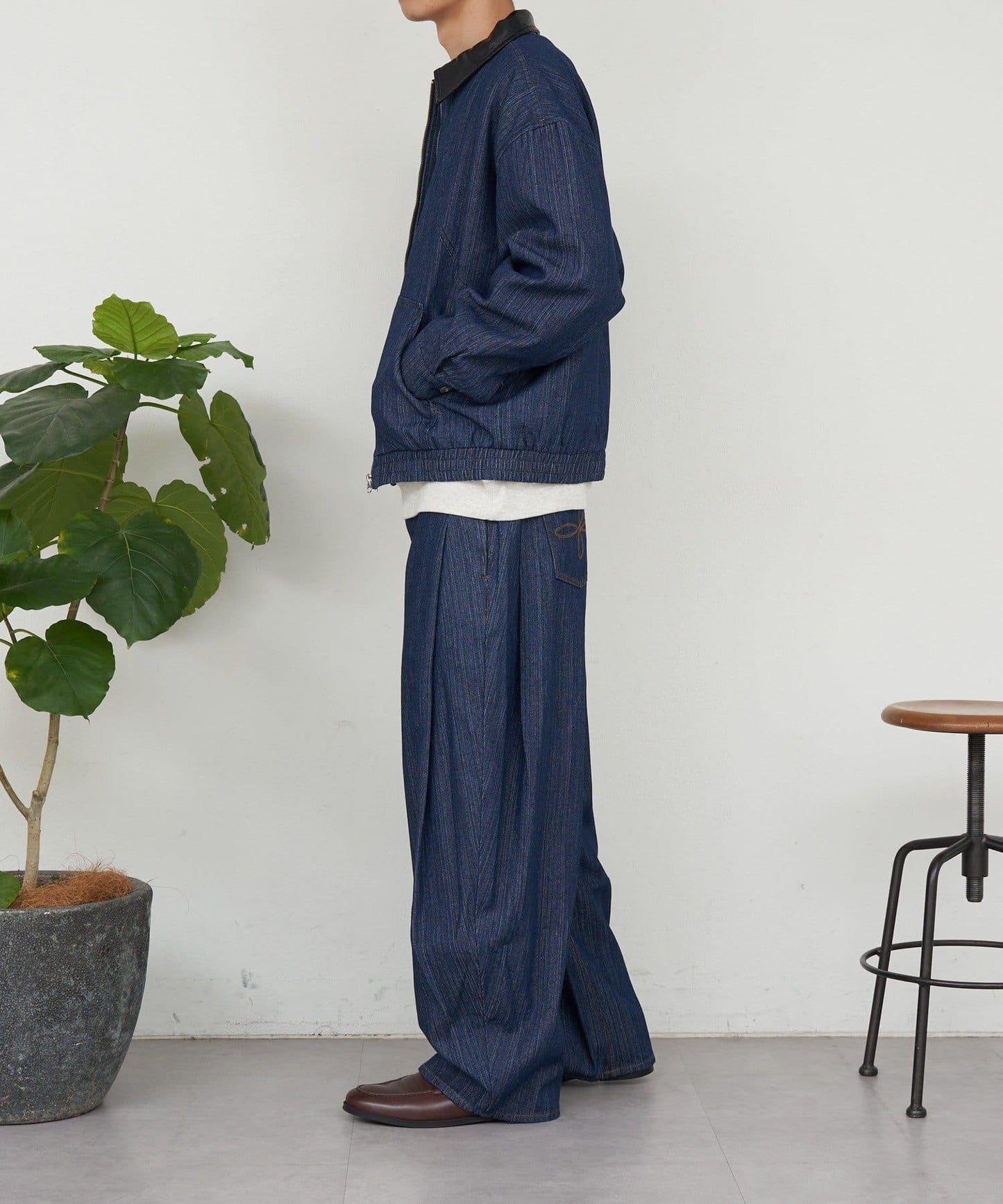 側褶棉質花呢長褲