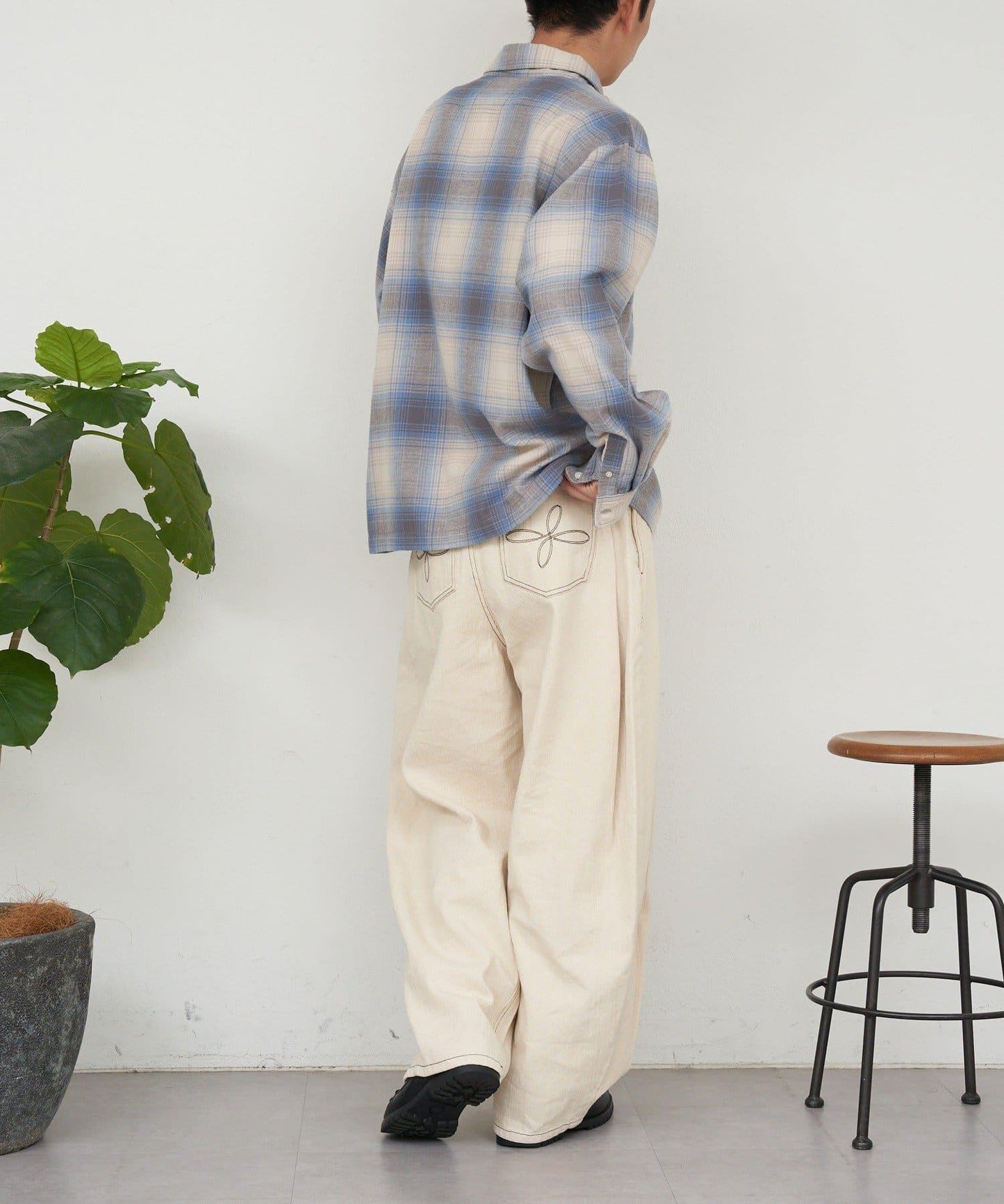 側褶棉質花呢長褲