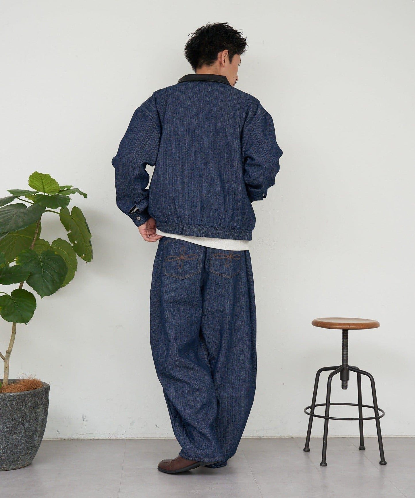 側褶棉質花呢長褲