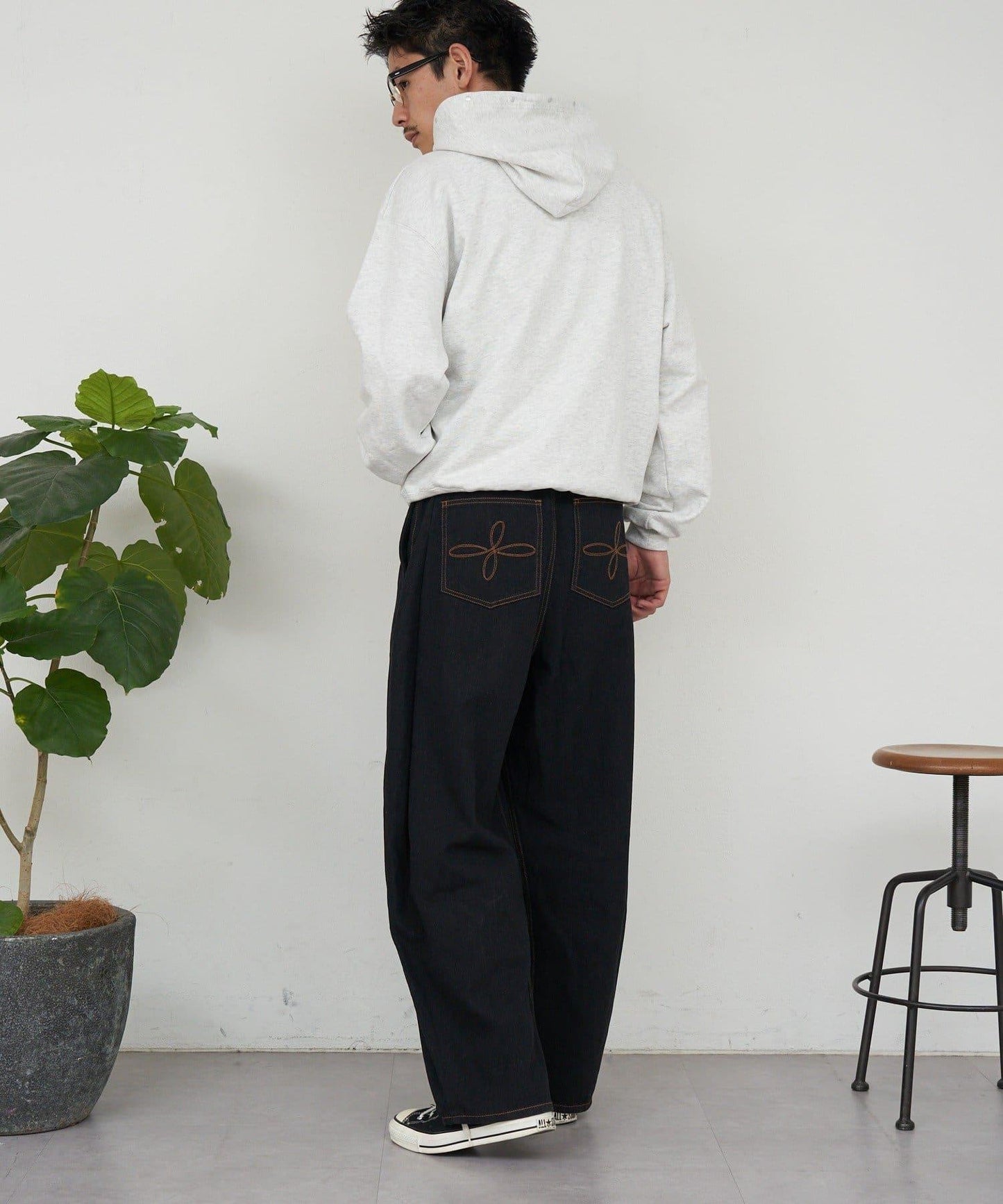 側褶棉質花呢長褲