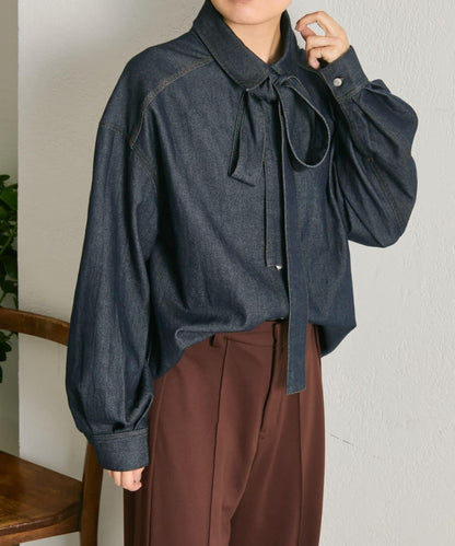 蝴蝶結可拆卸牛仔蝴蝶結襯衫【SUM1 STYLE】