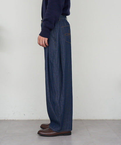 側褶棉質花呢長褲