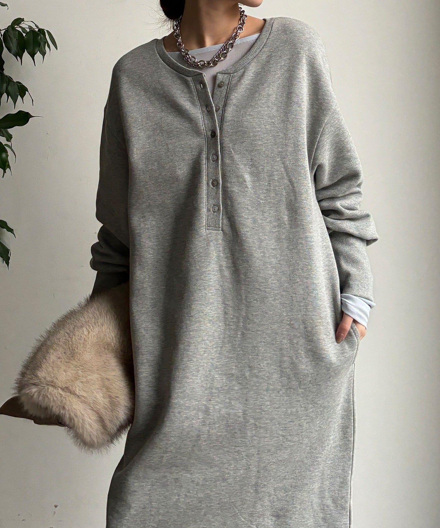 加絨加厚亨利領連衣裙