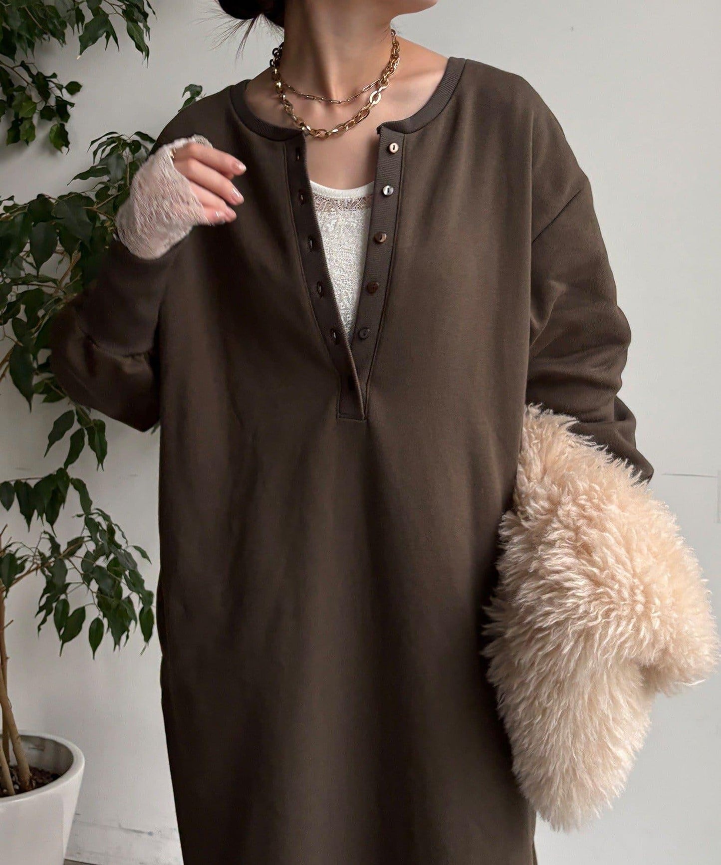 加絨加厚亨利領連衣裙