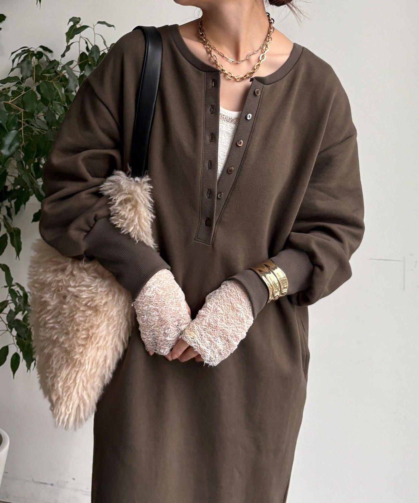 加絨加厚亨利領連衣裙