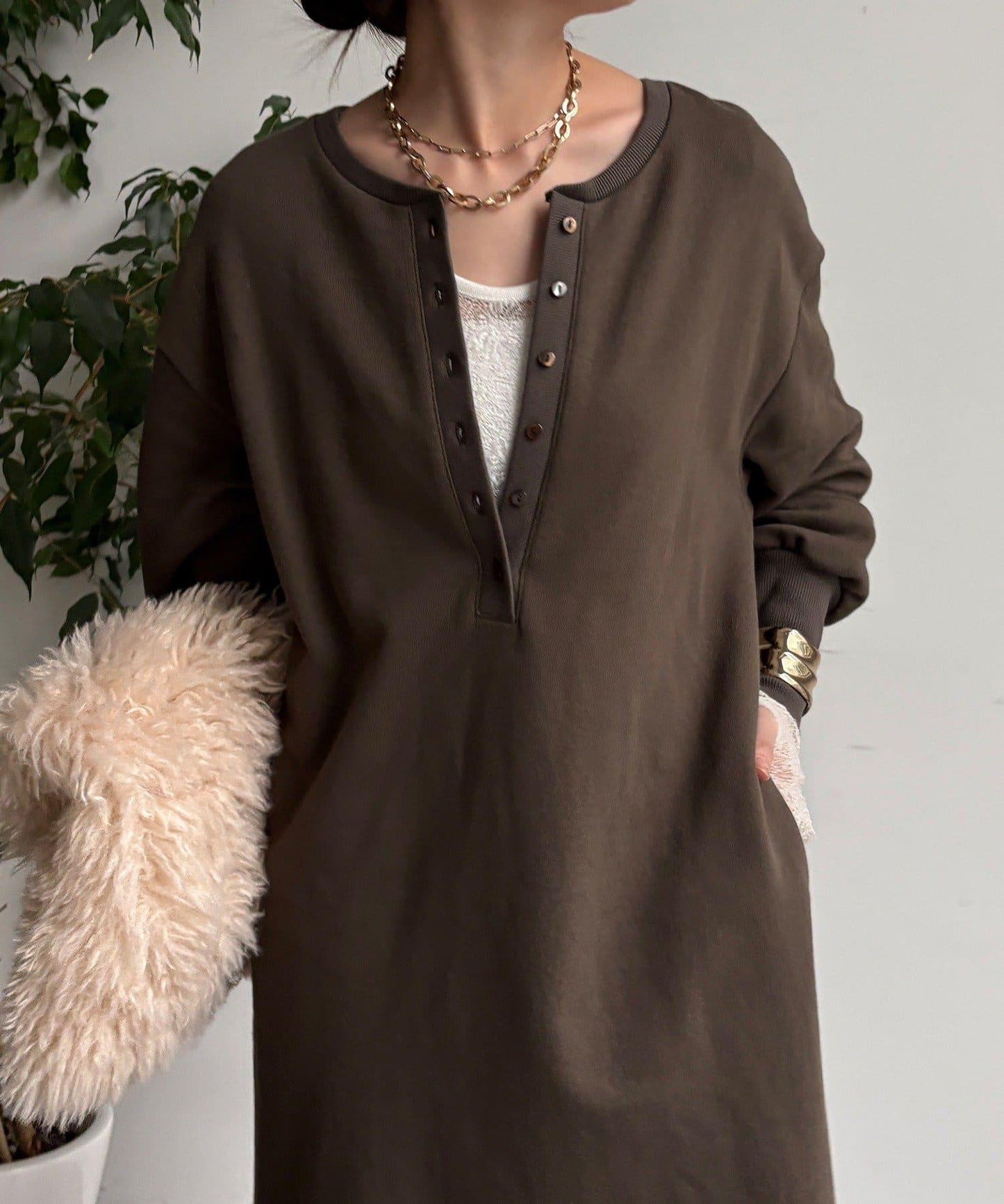 加絨加厚亨利領連衣裙