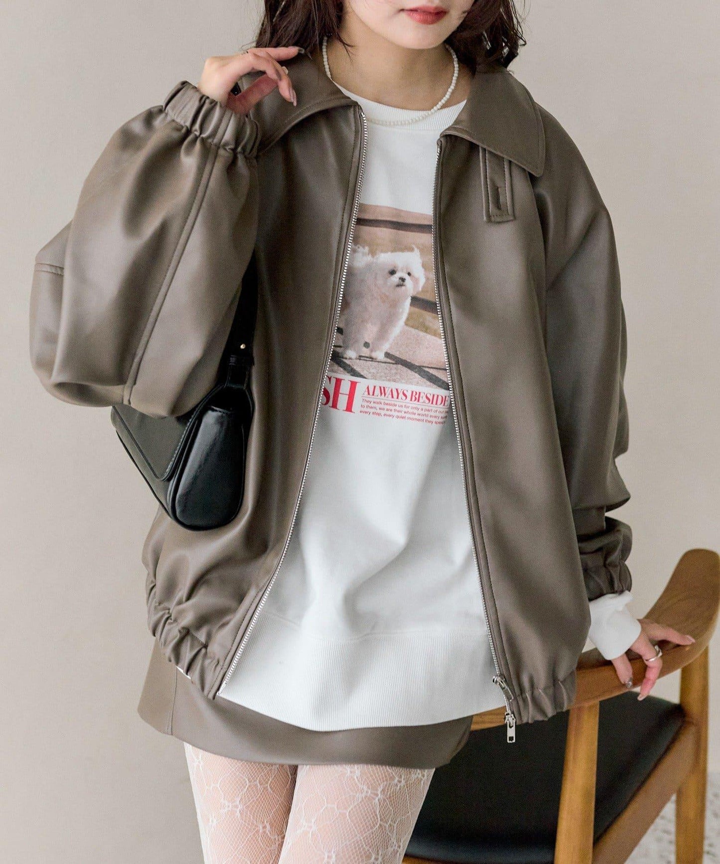 【推薦成套穿著◎】泡泡袖仿皮夾克