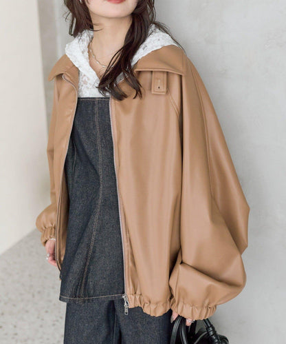 【推薦成套穿著◎】泡泡袖仿皮夾克