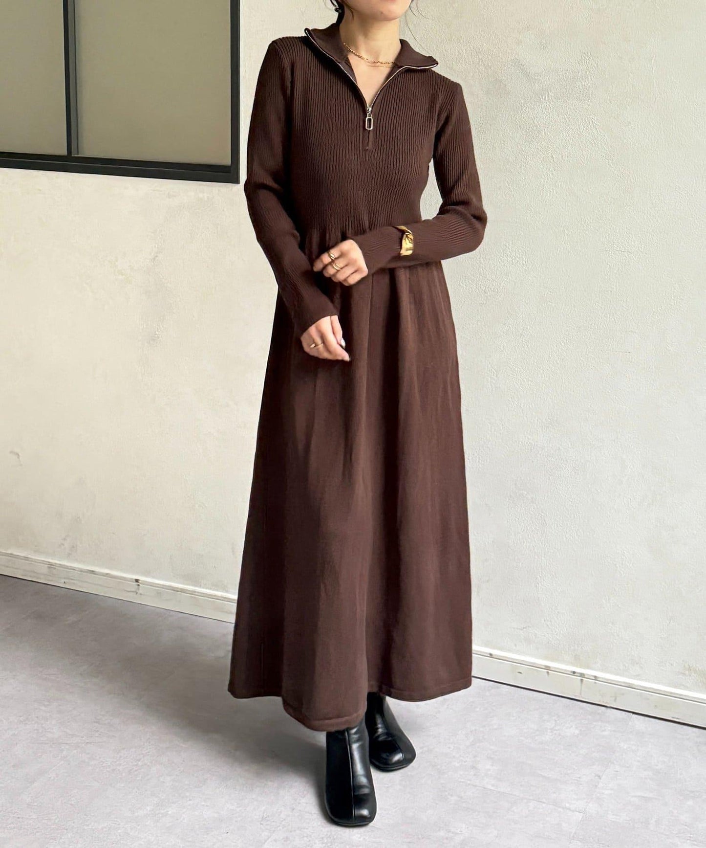 半拉鍊羅紋針織喇叭連衣裙