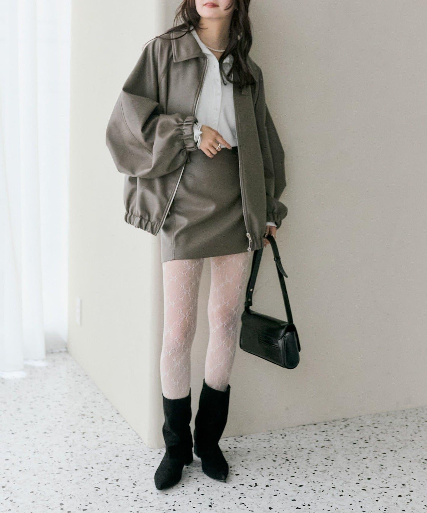 【推薦成套穿著◎】泡泡袖仿皮夾克