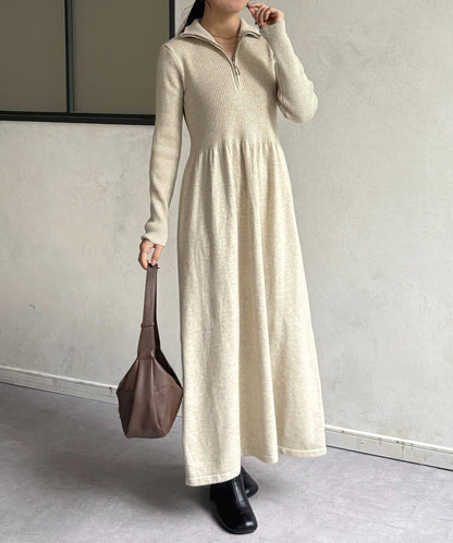 半拉鍊羅紋針織喇叭連衣裙